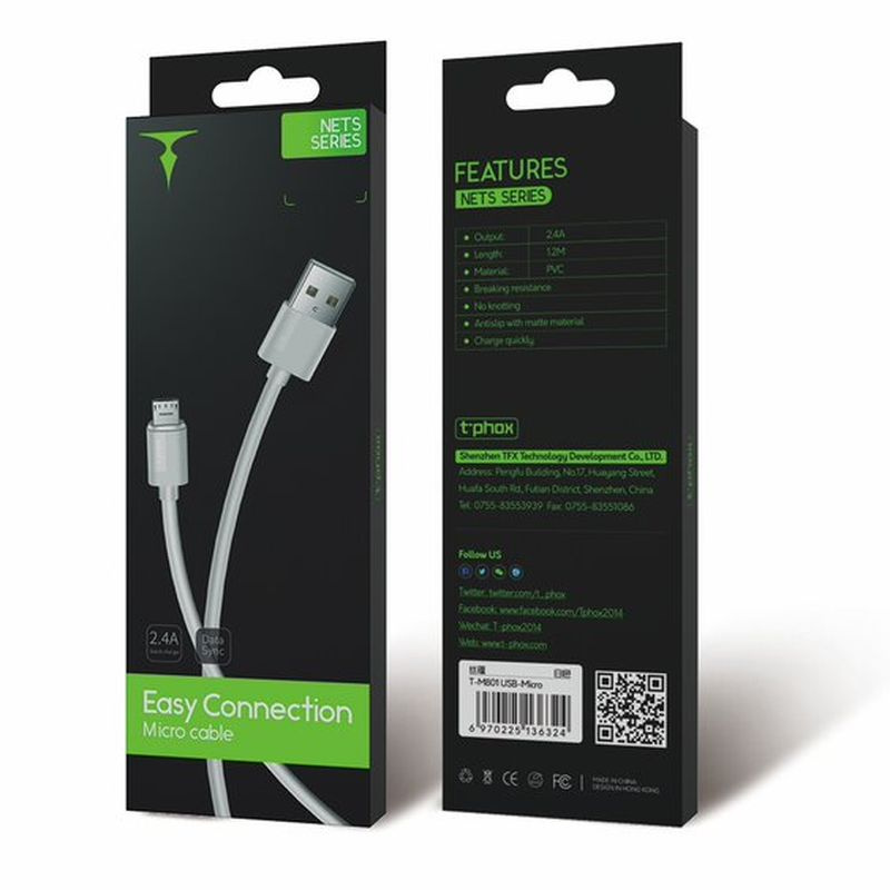 KABEL T-PHOX NETS MICRO USB WHITE 2.4A ; PVC ; 1,2M