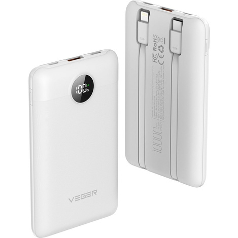 VEGER powerbank 10000 mAh z wbudowanymi kablami Typ C / Lightning PD QC3.0 2A 22,5W C11C (W1170) biały