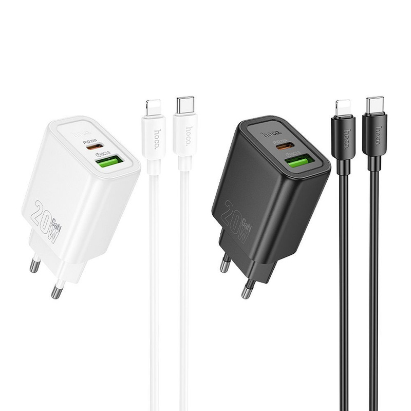 HOCO ładowarka sieciowa USB A + Typ C + kabel Typ C do Typ C PD QC3.0 3A 20W N61 czarna