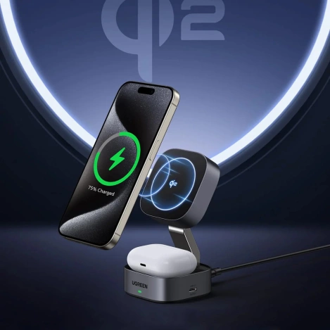 Ugreen W702 3in1 inductive charger with MagSafe / Qi2 and USB-C port for phone / headphones - black