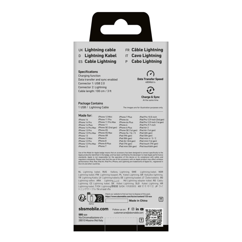 SBS TECABLEUSBIP589A USB-A - Lightning Cable - Blue