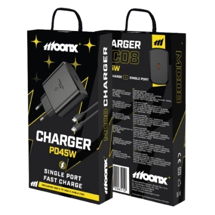 MOONX ładowarka sieciowa MC08 PD 45W 1xUSB-C + kabel USB-C - USB-C Czarny