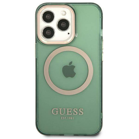 Original Handyhülle IPHONE 13 PRO Guess Hard Case Gold Outline Translucent MagSafe (GUHMP13LHTCMA) khaki