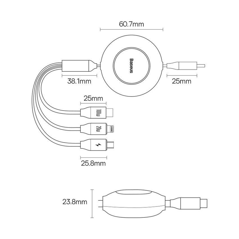 Baseus Bright Mirror 2 retractable cable 3in1 USB Type C - micro USB + Lightning + USB Type C 3.5A 1.1m black (CAMJ010201)