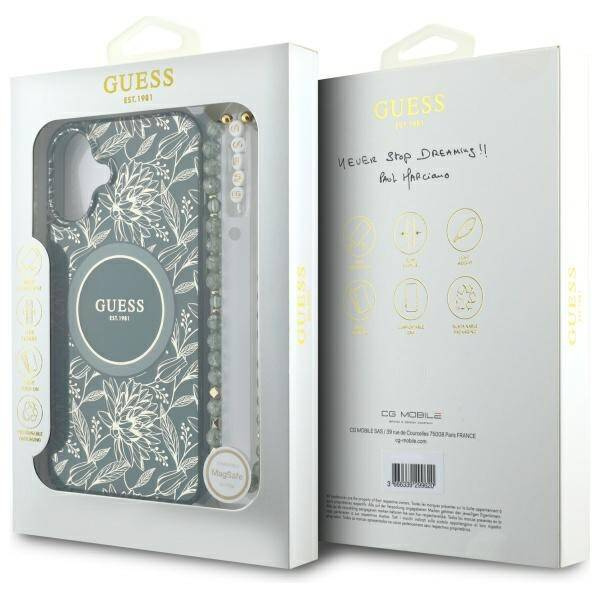Etui Guess IML Flowers Allover Electro With Pearl Strap MagSafe na iPhone 16 - zielone