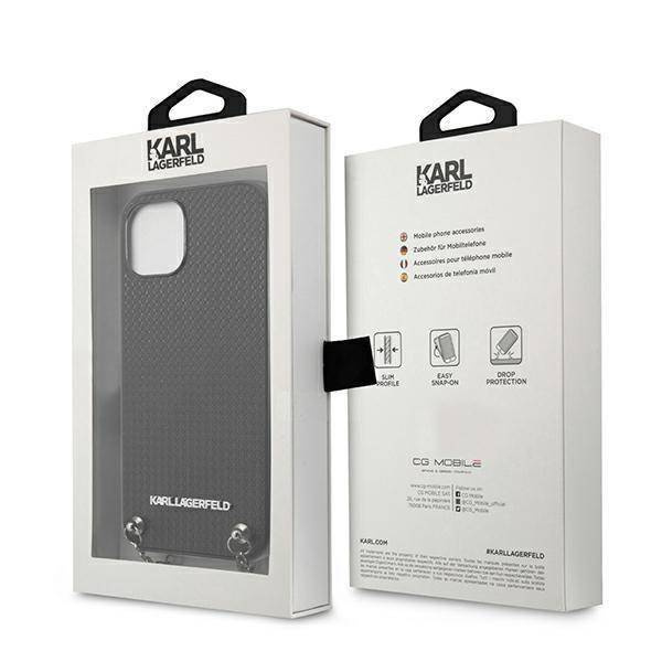 Original Handyhülle IPHONE 13 Karl Lagerfeld Hardcase Leather Textured And Chain (KLHCP13MPMK) schwarz