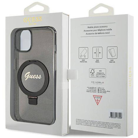 Guess Ring Stand Script Glitter MagSafe-Hülle für iPhone 15 – Schwarz