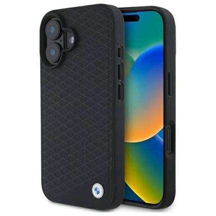 Original Handyhülle IPHONE 16 BMW Hardcase Signature Leather Diamond Metal Logo MagSafe (BMHMP16S23RDDK) schwarz