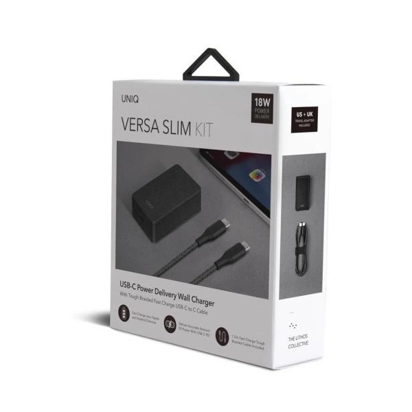 UNIQ Ład. siec. Versa Slim USB-C PD 18W + kabel USB-C na USB-C czarny/charcoal black (LITHOS Collective)