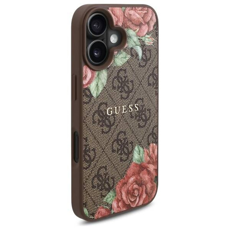 Original Handyhülle IPHONE 16 Guess Hardcase 4G Flowers Print MagSafe (GUHMP16SP4ROPEMCW) braun