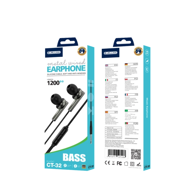 JELLICO wired earphones CT-32 JACK 3.5MM with microphone 1.2M Black