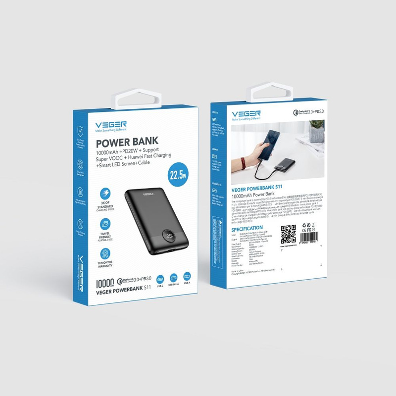 Bateria zewnętrzna (Powerbank) VEGER S11 - 10 000mAh LCD Quick Charge PD 22,5W czarny (W1140)