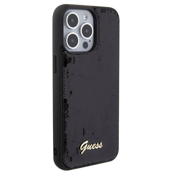Guess Pailletten-Schriftzug-Metallgehäuse für iPhone 15 Pro Max – Schwarz
