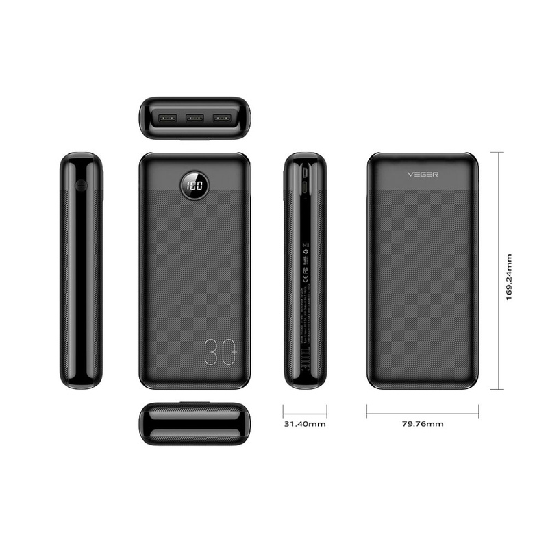 Bateria zewnętrzna (Powerbank) VEGER L30 - 30 000mAh LCD Quick Charge PD 20W czarny (W3008PD )