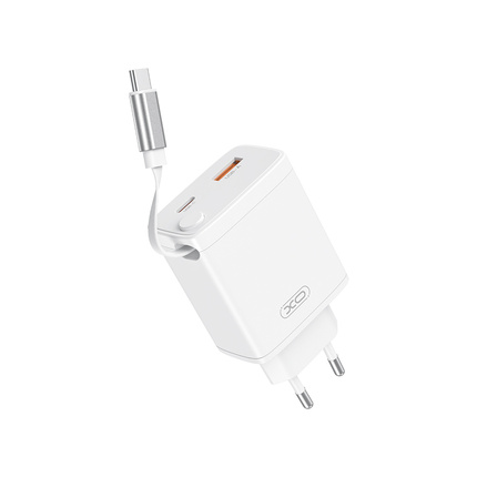 XO ładowarka sieciowa CE31 1x USB 1x USB-C 30W biała z kablem USB-C zwijanym