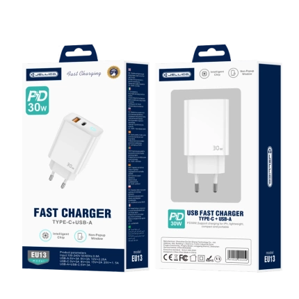 JELLICO Netz-Ladegerät EU13 GaN PD 30W 1xUSB-C + 1xUSB QC3.0 weiss