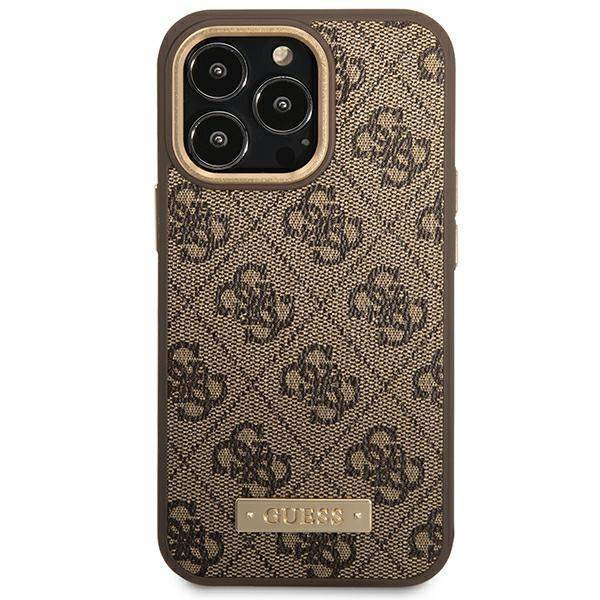 Original Handyhülle IPHONE 14 PRO Guess Hard Case 4G Logo Plate MagSafe (GUHMP14LU4GPRW) braun