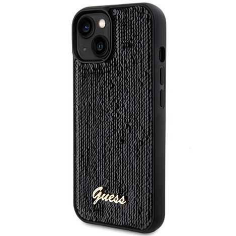 Guess Pailletten Script Metallhülle für iPhone 15 – Schwarz