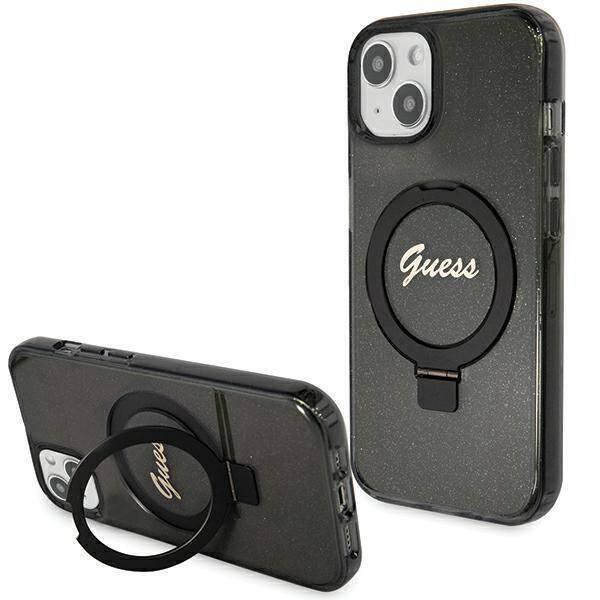 Guess Ring Stand Script Glitter MagSafe-Hülle für iPhone 15 – Schwarz