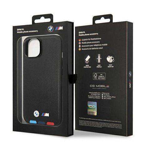 Oryginalne Etui IPHONE 14 PLUS BMW Leather Stamp Tricolor MagSafe (BMHMP14M22PTDK) czarne
