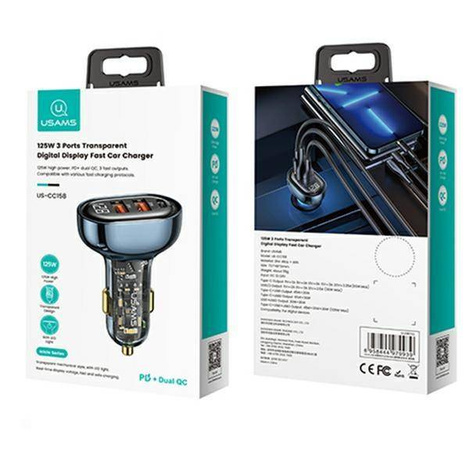 USAMS Ład. sam. 2xUSB+1xUSB-C 125W Fast Charge transparent blue CC158CC02 (US-CC158)