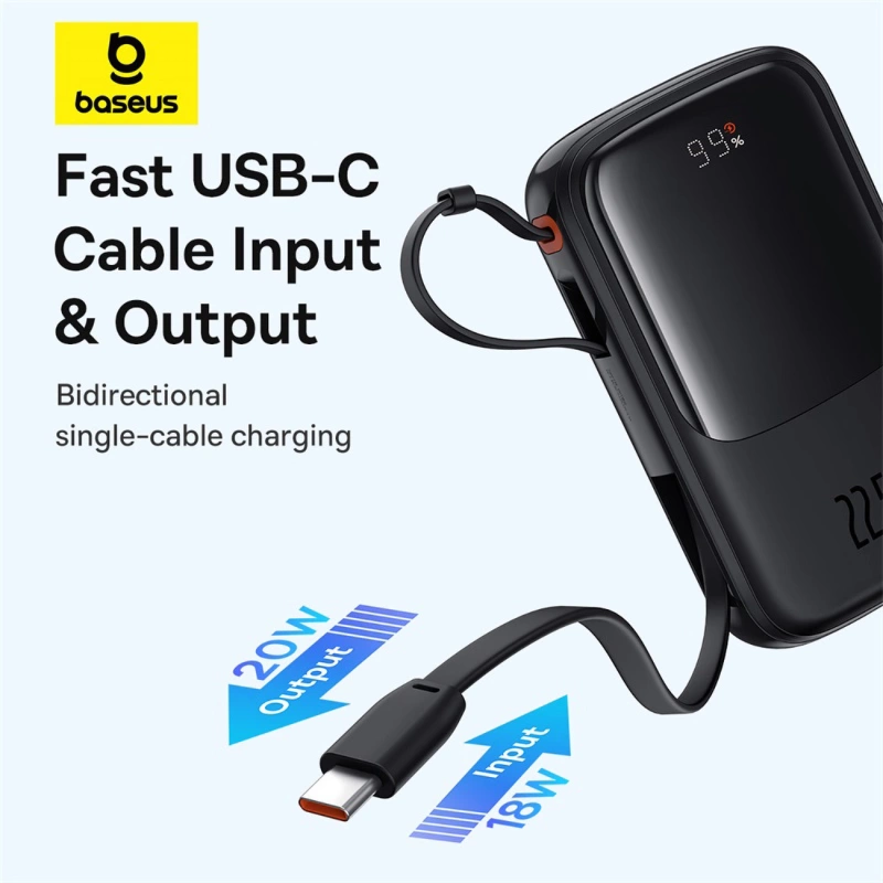 Baseus Qpow Pro+ 10000 mAh 22,5 W Powerbank mit integriertem USB-C-Kabel und Display – Schwarz