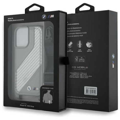 Original Handyhülle IPHONE 16 BMW Hardcase M Edition Carbon Stripe & Strap (BMHCP16S23PSCCG) grau