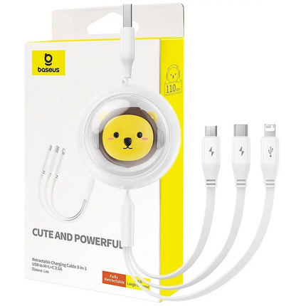 BASEUS zwijany kabel USB do Micro/Lightning/Typ C 3w1 Leo 3.5A 1.1m biały CB000063