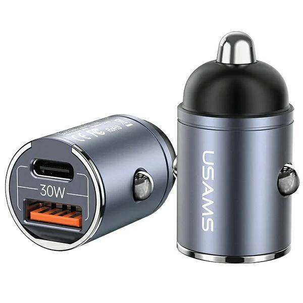 Ładowarka Samochodowa 30W PD USB-C + USB Fas Charge Z Wbudowaym Pierścieniem USAMS C38 CC206CC01 (US-CC206) stalowa