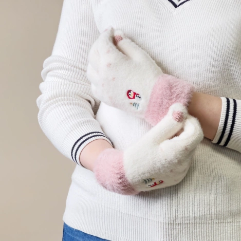 Winter-Telefonhandschuhe für Damen mit einem Schneemann und einem Weihnachtsbaum – weiß und rosa