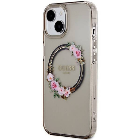 Guess IML Flowers Wreath MagSafe Hülle für iPhone 15 / 14 / 13 – Schwarz