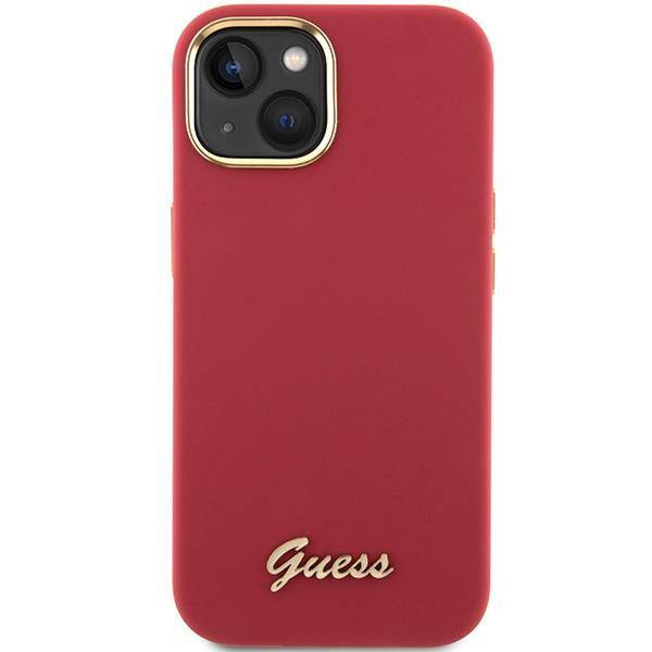 Guess Silikon Script Metal Logo &amp; Frame Hülle für iPhone 15 – Rot