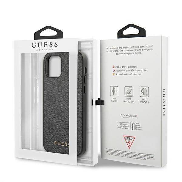 Original Handyhülle IPHONE 12 / 12 PRO Guess Hard Case 4G Metal Gold Logo (GUHCP12MG4GFGR) grau
