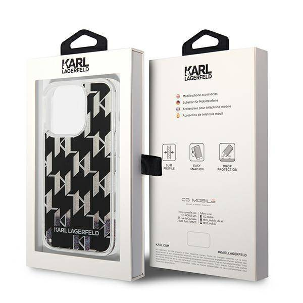 Original Handyhülle IPHONE 14 PRO Karl Lagerfeld Hardcase Liquid Glitter Monogram (KLHCP14LLMNMK) schwarz