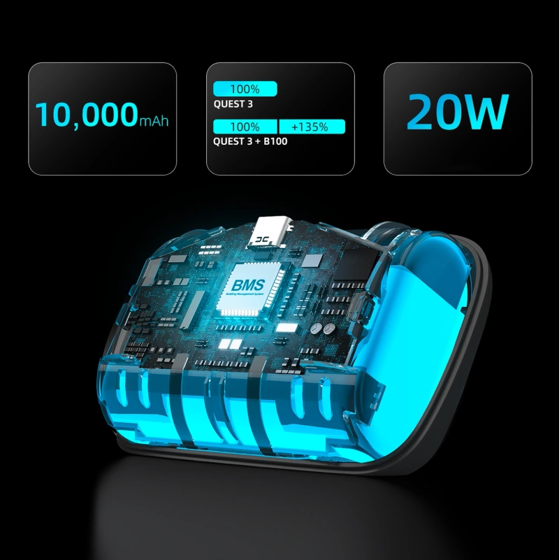 BoboVR S3 Pro strain relief strap for Meta Quest 3 VR goggles + B100 external battery - white and black