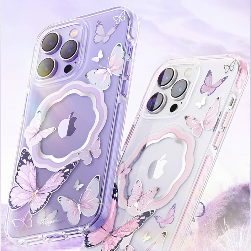 Kingxbar Butterfly Series Magnethülle für iPhone 14 Plus MagSafe Hülle mit Schmetterlingen Pink