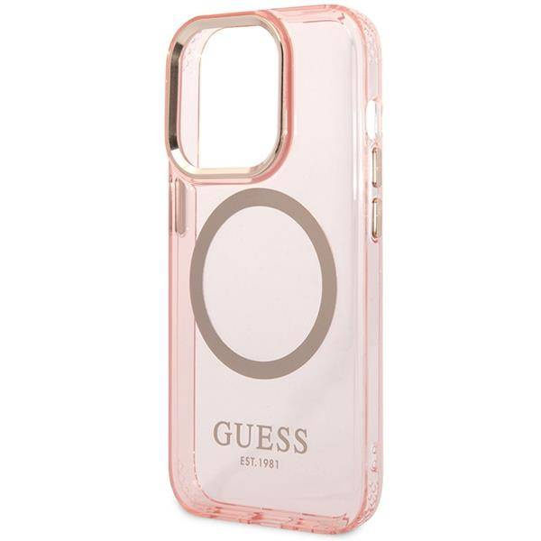 Original Handyhülle IPHONE 14 PRO MAX Guess Hard Case Gold Outline Translucent MagSafe (GUHMP14XHTCMP) rosa