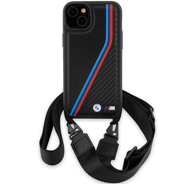 BMW M Edition Carbon Tricolor Lines & Strap case for iPhone 15 / 14 / 13 - black