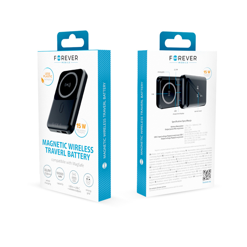 Forever power bank bezprzewodowy MATB-100 PD QC 22.5W 10000 mAh czarny magnetyczny