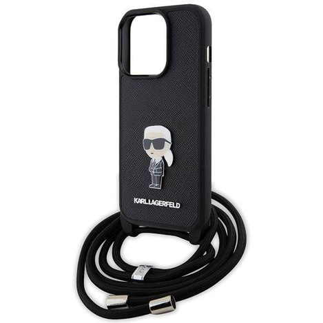 Karl Lagerfeld Crossbody Saffiano Monogram Metal Pin Karl &amp; Choupette Case for iPhone 15 Pro - Black