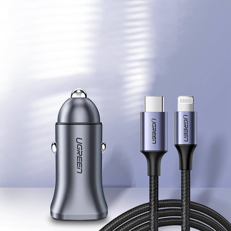 Ugreen fast car charger USB-A / USB-C 30W PD PPS gray (CD130)