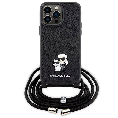 Original Case IPHONE 14 PRO MAX Karl Lagerfeld Hardcase Crossbody Saffiano Metal Pin Karl & Choupette (KLHCP14XSAKCPSK) black