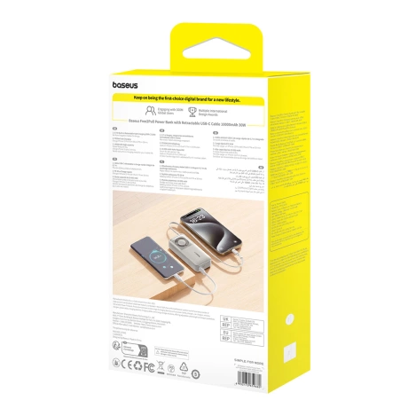 Baseus Free2Pull 10000 mAh 30 W Powerbank mit USB-C-Anschluss und einziehbarem USB-C-Kabel – Grau