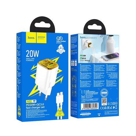 Ładowarka sieciowa do telefonu Hoco USB A + USB C QC3.0 PD 3A 20W + kabel USB C do USB C N52 biała