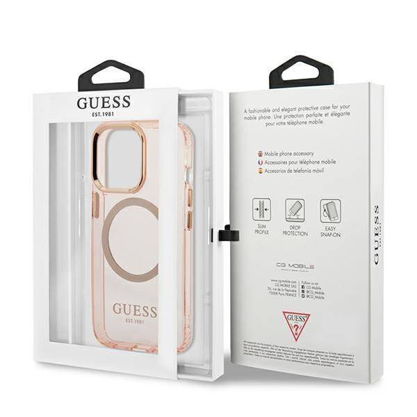 Original Handyhülle IPHONE 13 PRO Guess Hard Case Gold Outline Translucent MagSafe (GUHMP13LHTCMP) rosa
