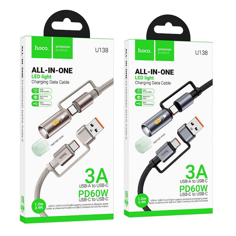 HOCO kabel All-in-one USB A / Typ C do Typ C / LED Light 3A 60W U138 1,2 m czarny