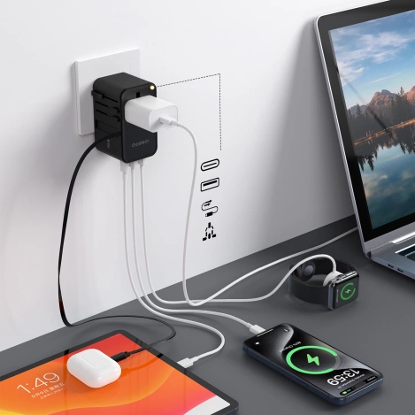 Choetech PD5021 45W EU/US/AUS/UK Reiseadapter mit integriertem USB-C-Kabel – Schwarz