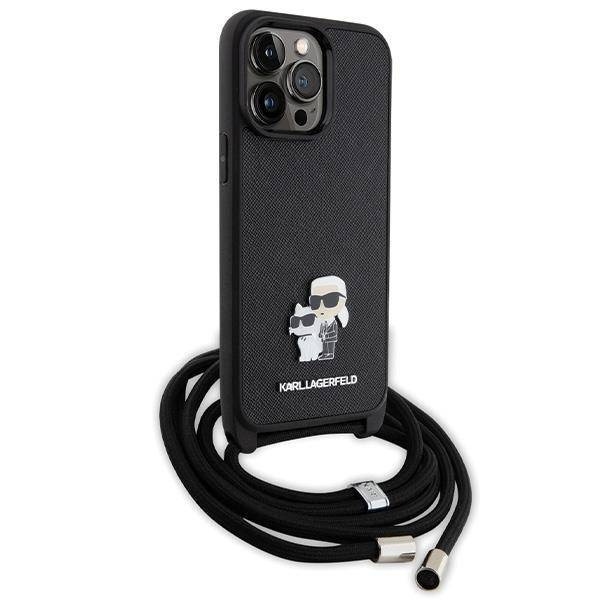 Original Case IPHONE 14 PRO MAX Karl Lagerfeld Hardcase Crossbody Saffiano Metal Pin Karl & Choupette (KLHCP14XSAKCPSK) black