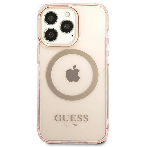Oryginalne Etui IPHONE 13 PRO MAX Guess Hard Case Gold Outline Translucent MagSafe (GUHMP13XHTCMP) różowe