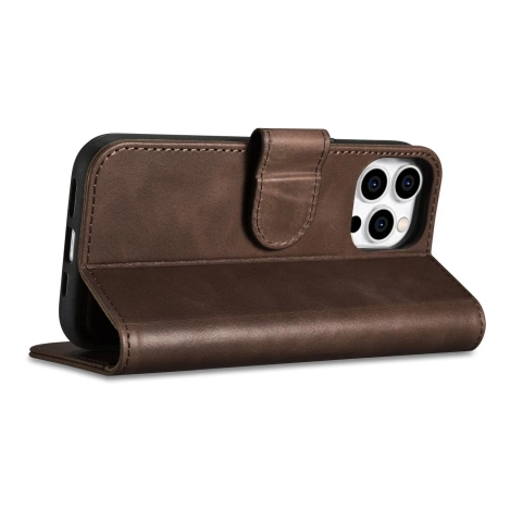 iCarer Oil Wax Wallet Case 2in1 etui iPhone 14 Pro skórzany pokrowiec z klapką Anti-RFID brązowy (WMI14220722-BN)